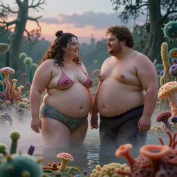 obese male and female super models frolic in an bacterial and fungal biodiversities landscape, dusk light, atmospheric dusk and vapour swirl, full colour, hyper realistic photo, chiaroscuro, shallow depth of field, volumetric lighting, upscale, 8 k, masterpiece,