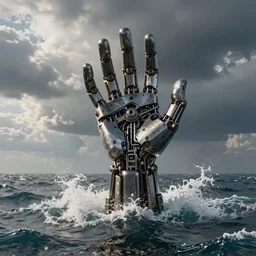 large mechanical hand rising from the ocean waves, artstation