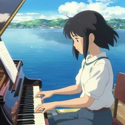 Anime girl playing piano on blue water, far away, landscape, scenery, Cushart Krenz, Shinkai Makoto, by Lluluchwan, lots of details, highly detailed, 4k