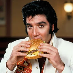 a portrait of elvis eating a cheeseburger