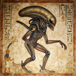 [ xenomorph ] [ giger ] [ alien ] from movie aliens painted on ancient egyptian mural art, with hieroglyphs