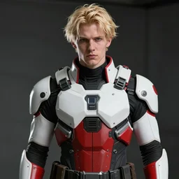 portrair of a man by ayami kojima, he is about 2 0 years old, nordic features, messy blonde hair, tall and stocky, sad look, wearing a futuristic tactical gear colored in white and red, sharp focus, cinematic lighting, artstation hq.