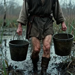movie still close - up of an skinny old man in medieval clothe carrying a bucket walking in a swamp mud, cinestill 8 0 0 t 3 5 mm eastmancolor, heavy grain, high quality, noir, natural textures, photorealistic, ambient occlusion, hd, ultra wide lens, anamorphic