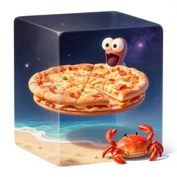 a layered pizza dream boat floating in the cubic space of cosmic terror, blobfish made of pizza on the beach, ( crab ) covered in pizza with red mist coming out the pizza. unreal engine, epic scenery, national geographic, hungry hippos, by petros afshar and chiho aoshima