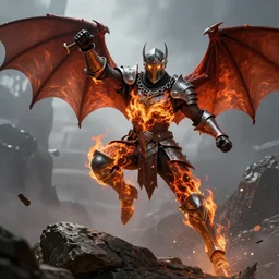 fiery chainmail-wearing bat-winged knight with glowing eyes leaping off a rock preparing to throw a punch, high detail, cinematic, 8k, digital fantasy art by Steve Argyle, cgsociety, trending on artstation, cover art, smooth, sharp focus