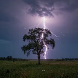 lightning strikes a tree in the middle of a field, fantastic landscape, hyperrealism, no blur, 4k resolution, ultra detailed, style of Anton Fadeev, Ivan Shishkin, John Berkey