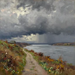 painting by sargent and leyendecker and greg hildebrandt savrasov levitan late autumn epic sky overcast, grey dark day low thunder clouds foothpath at, wide river and lake, horizon tiny old house on top of hill view from above