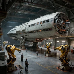 highly detailed matte painting science fiction cargo bay interior, ships, hangar, industrial, workers, robots, mechs. environment art by syd mead and john berkley, john harris. concept art,