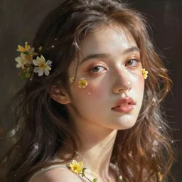 beautiful girl portrait, flowy hair, dewy eyes, flowersfine detail concept art, art station, oil painting effect, photo realism, hd, cinematic lighting, unreal engine