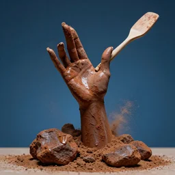highly detailed photography of a woman made of rust clay and wet rocks, hand gesture, sharp focus, dust particles, dirt, dramatic scene, aesthetic, dynamic lighting, elegant, harmony, masterpiece, by roberto ferri, blue background, high quality, spatula