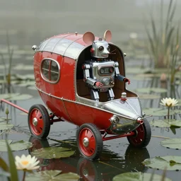 adventurer ( ( ( ( ( 1 9 5 0 s retro future robot mouse wagon vehical home. muted colors. swamp. water lilies ) ) ) ) ) by jean baptiste monge!!!!!!!!!!!!!!!!!!!!!!!!! chrome red