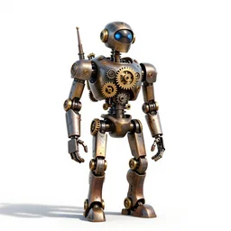 hooded steampunk robot with gears, stylized pixar-style 3d render, full body, standing, isolated on a pure white background, centered, whole figure in frame, sharp focus, studio lighting