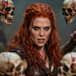 still from conan the barbarian of a head and shoulders action photo, human female barbarian, red hair, frenzy, blood and skulls, d & d, high fantasy, facial detail, extremely detailed