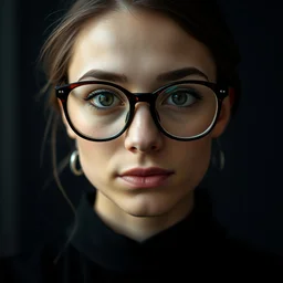 a portrait photograph of a nerdy young woman from madrid with big glasses and a black dress, dof, sharp focus, highly detailed face, symmetric face, realistic iris, cinestill 8 0 0 t, photography by paolo roversi
