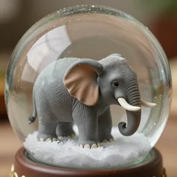 a photograph of an elephant inside a snow globe toy,  close-up detailed photo