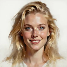 portrait painting of woman from scandinavia, skeleton skull, blonde hair, daz, occlusion, smiling and looking directly, brushstrokes, white background, art by enki bilal