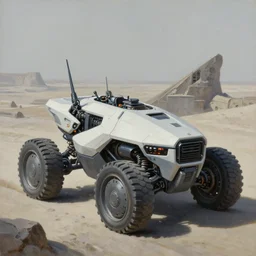 highly detailed robotic vehicle in a scifi landscape by feng zhu, perfect geometry, hyper - detailed, sharp, beautiful, desaturated, oil on canvas
