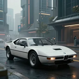 1935 BMW M1 Stratos,  city in cyberpunk style by Vincent Di Fate