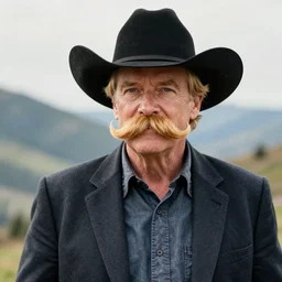 stephen fry, cowboy, big blond moustache, blond hair, black stetson hat clothes, moutain in background, intricate, elegant, highly detailed, sharp focus, illustration, mandy jurgens, rutkowski, edward curtis