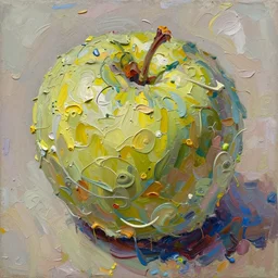 palette knife painting of a close up of a three - dimensional thick impasto oil painting of a beautiful bowel of fruit, seen through complex globular texture, lots of thick encrusted paint, vast amounts of wax - like lines of dripping oil paint cover nearly everything, painted by mostafa keyhani signac, background thick encrusted paint