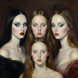 the three fates, gemma chen, madison beer, angela sarafyan, pinup, intricate beautiful faces, surrealistic painting by agostino arrivabene, vanessa beecroft, anka zhuravleva, mary jane ansell, peter mohbacher, gerald brom
