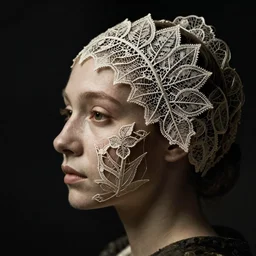 a woman's face in profile, made of intricate decorative lace leaf, in the style of the dutch masters and gregory crewdson, dark and moody