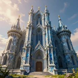 an imposing and highly ornamented castle, carved from sapphire stone, cinematic view, epic sky, detailed, concept art, low angle, high detail, warm lighting, volumetric, godrays, vivid, beautiful, trending on artstation, by jordan grimmer, huge scene, grass, art greg rutkowski