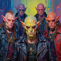 a portrait of apocalyptic scifi orcish biker characters, group photo, psychedelic vibrant colors, futuristic punk rock fashion, oil painting by michael whelan art, perfect face, sharp focus, detailed eyes, realistic, leather jacket, 8 k