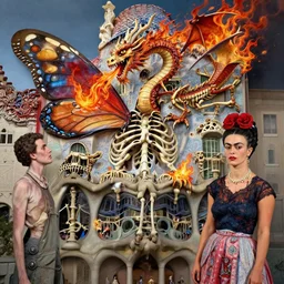 a disorganized photograph of a horrible butterfly skeleton at mcdrive that vomits a fire dragon, by antoni gaudi and frida kahlo, trending on artstation,