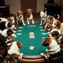 a photograph of a group of random dogs playing poker in a basement in 1980's New York.