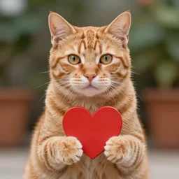 orange tabby cat holds heart sign