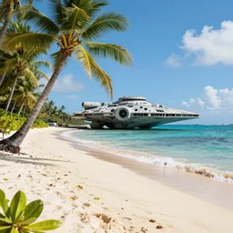 a beautiful tropical beachfront with a sith star destroyer in the back round, in the style of elvan siew