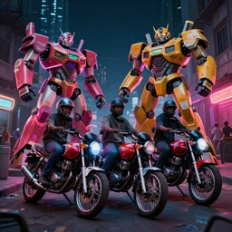 a neon lit - african urban street with motorcycles and giant mecha robots,