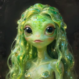 portrait of my ethereal waifu cute innocent green slimy alien female froggy lady, ana de armas, with adorable uwu eyes painted by greg rutkowski, wlop,,