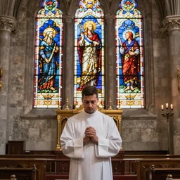 priestres praying in church with stained glass - n 9