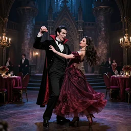hyper realistic photo of a vampire dancing a lady at the ball, castle, gothic, dark, 4 k