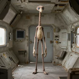an tall skinny creature with long legs and long arms, and long neck standing in a space station abandoned room, 4 k, photography, realistic, detailed,