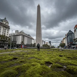 buenos aires in ruins, post - apocalyptic, avenida 9 de julio obelisco, moss, decay, full hdr color, lone survivor