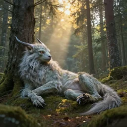 mythical magic creature resting in a swedish forest, very low angle photograph, very detailed, trending on artstation, realistic, soft colors, rays of golden sunlight, art by simon stalenhag and greg rutkowski