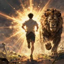 man running from beast in the style of another world