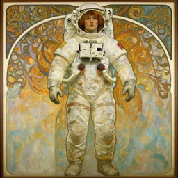 insane detail textured art deco painting of astronaut full body, beautiful painting by mucha and kuvshinov