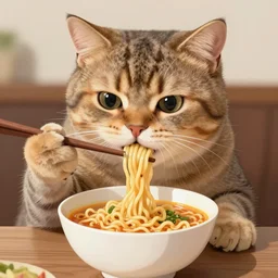 Cat eating ramen noodles, digital art