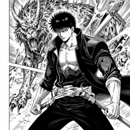 Berserk, Guts slaying Griffin in a perfect ending, manga art by Kentaro Miura