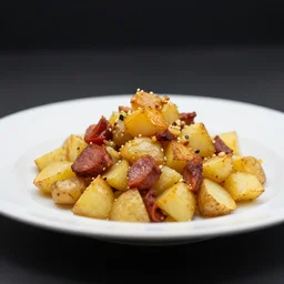 food photography of roasted potato and chorizo hash, minimalistic side view high bokeh, cinematic studio lighting