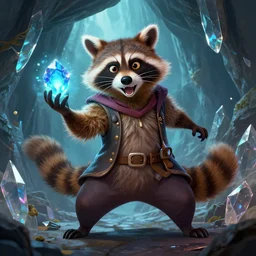 highly detailed digital illustration portrait of sorcerer sly cooper raccoon holding a magical glowing gemstone in a crystal cave, action pose, d & d, magic the gathering, criag mullins, artgerm, wlop, disney, pixar,
