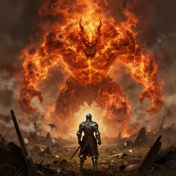 masterpiece a lone knight in a wartorn field facing off against a great fire giant, by Greg Rutkowski Thomas Kincade, detailed, 4k, cinematic, intense, gritty
