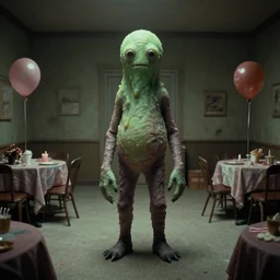 a large slimy humanoid creature, standing in a liminal space, 1 9 7 0 s photo, birthday party, liminal space, backrooms, found footage
