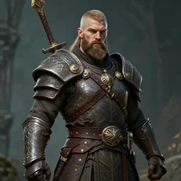 human hero, bearded gigachad in armour, d & d barbarian, nordic warrior, elden ring boss, powerful male character from warcraft, character portrait, trading card game art, perfectly shaded, extremely detailed, matte, artstation, volumetric lighting, 8 k, game cover art, sharp focus, anatomically correct!!, dark fantasy, art by frank frazetta and artger