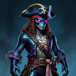 Human Bandit Pirate with Iridescent scales and glowing pink eyes. D&D Artwork. Digital Art. Trending on Artstation.