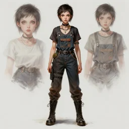 a full body portrait of a beautiful androgynous punk girl with short hair and beautiful eyes, beautiful face, wearing tall combat boots, who is a mechanic wearing overalls, digital concept art, detailed digital painting, by j. c. leyendecker and edward blair leighton and charlie bowater, trending on artstation